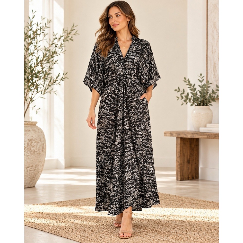 Entro XL Black Ivory Abstract Maxi Dress Ruched Faux Wrap Dolman Sleeve Pockets